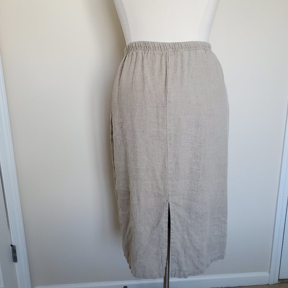 Silhouettes Plus Size 1X 100% Linen Skirt Pockets Elastic Waist Back Slit Beige - Picture 4 of 12